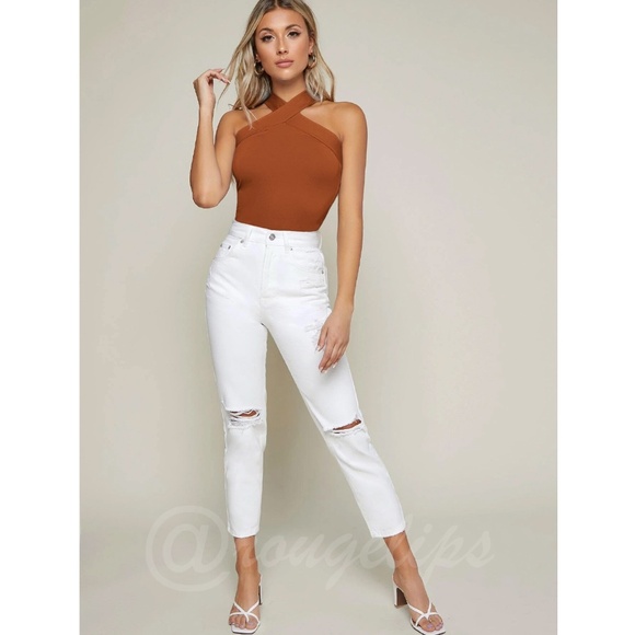 Rust Brown Halter Tank Top Criss Cross Slim Fit - Picture 3 of 7